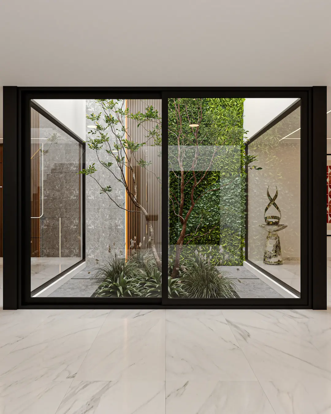 Jardín interior con vista enmarcada desde múltiples espacios 