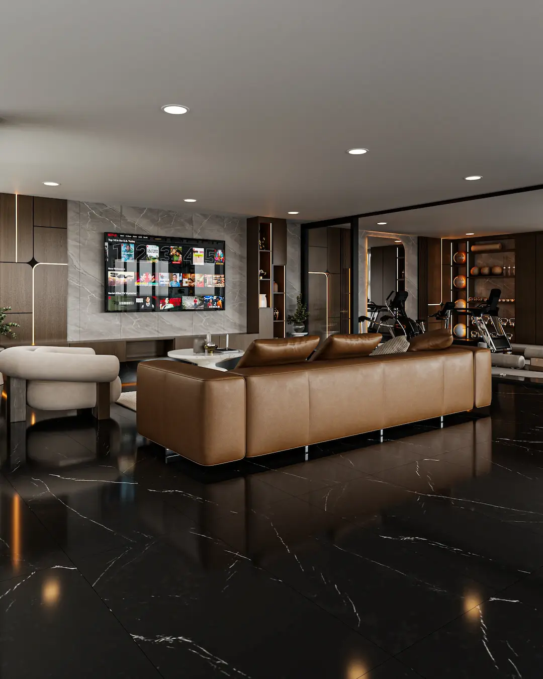 Sala de TV con piso negro y muros decorativos