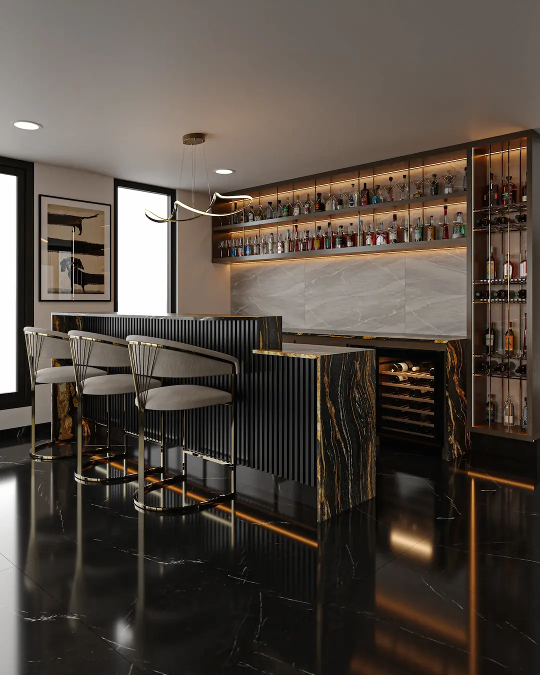 Bar contemporáneo en mármol negro y madera
