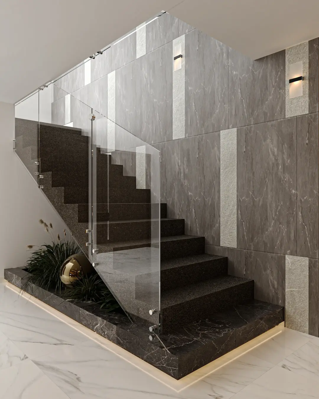 Escalera moderna con barandal de cristal templado 