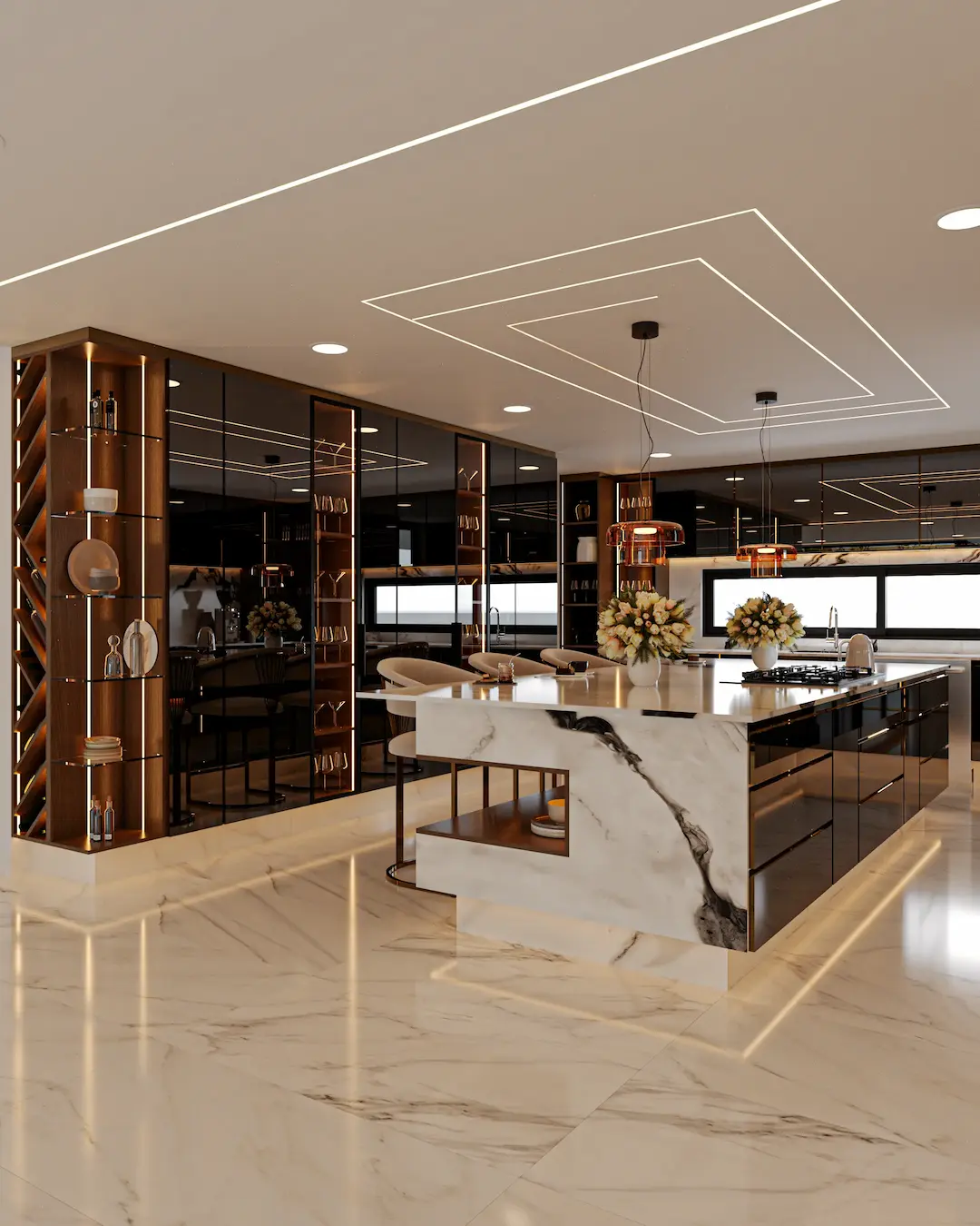 Cocina contemporánea con iluminación perimetral