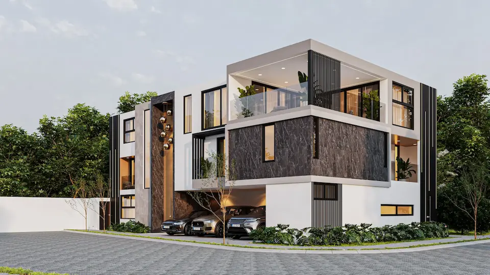 Perspectiva arquitectónica de casa con tres niveles 