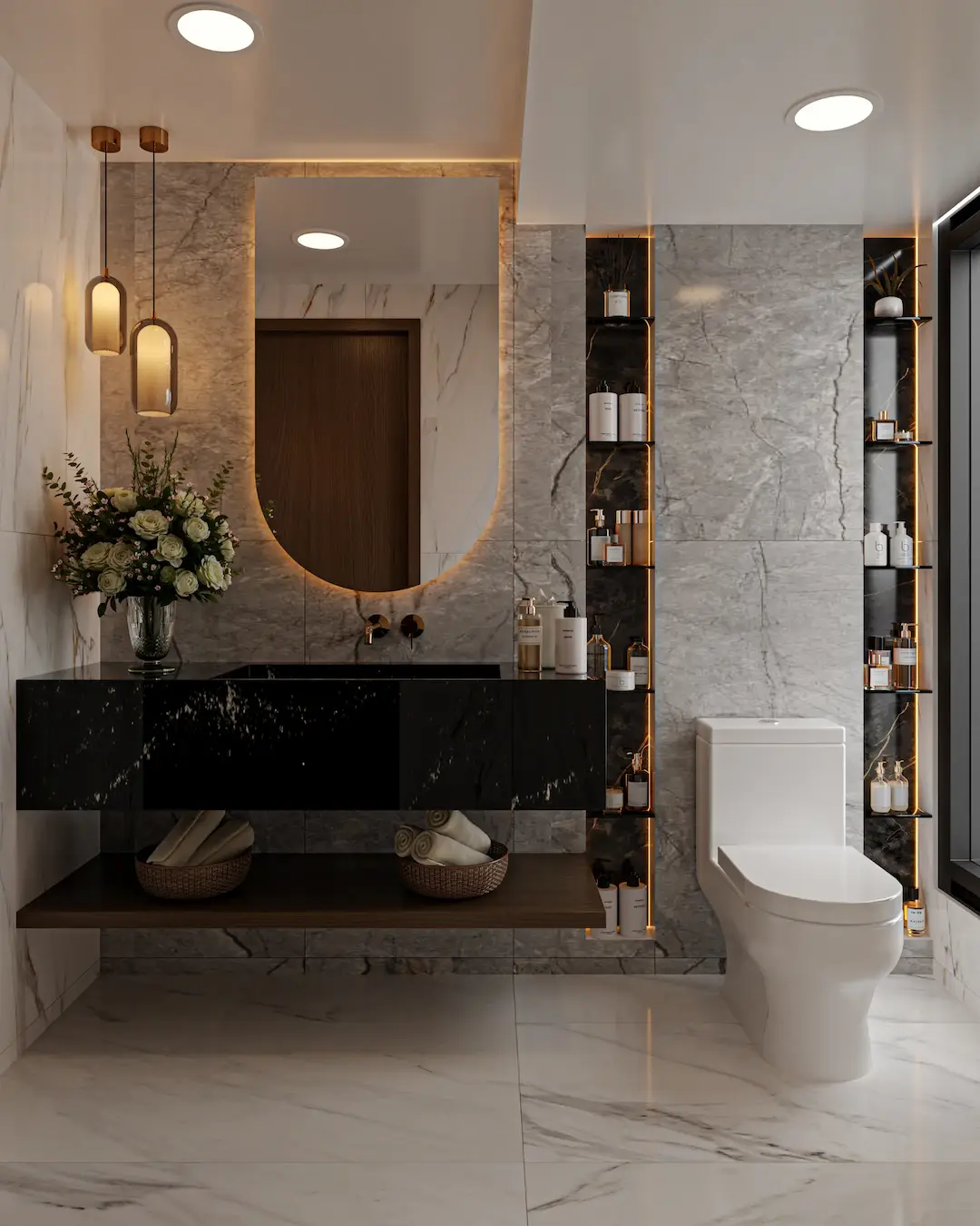 Baño moderno con mármol y lavamanos negro