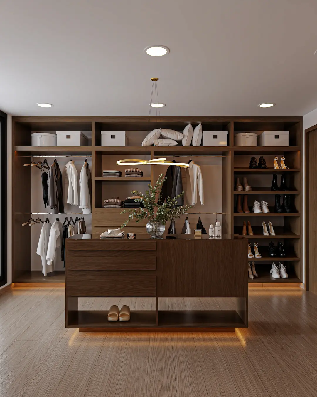Vestidor de lujo en tonos cálidos de madera