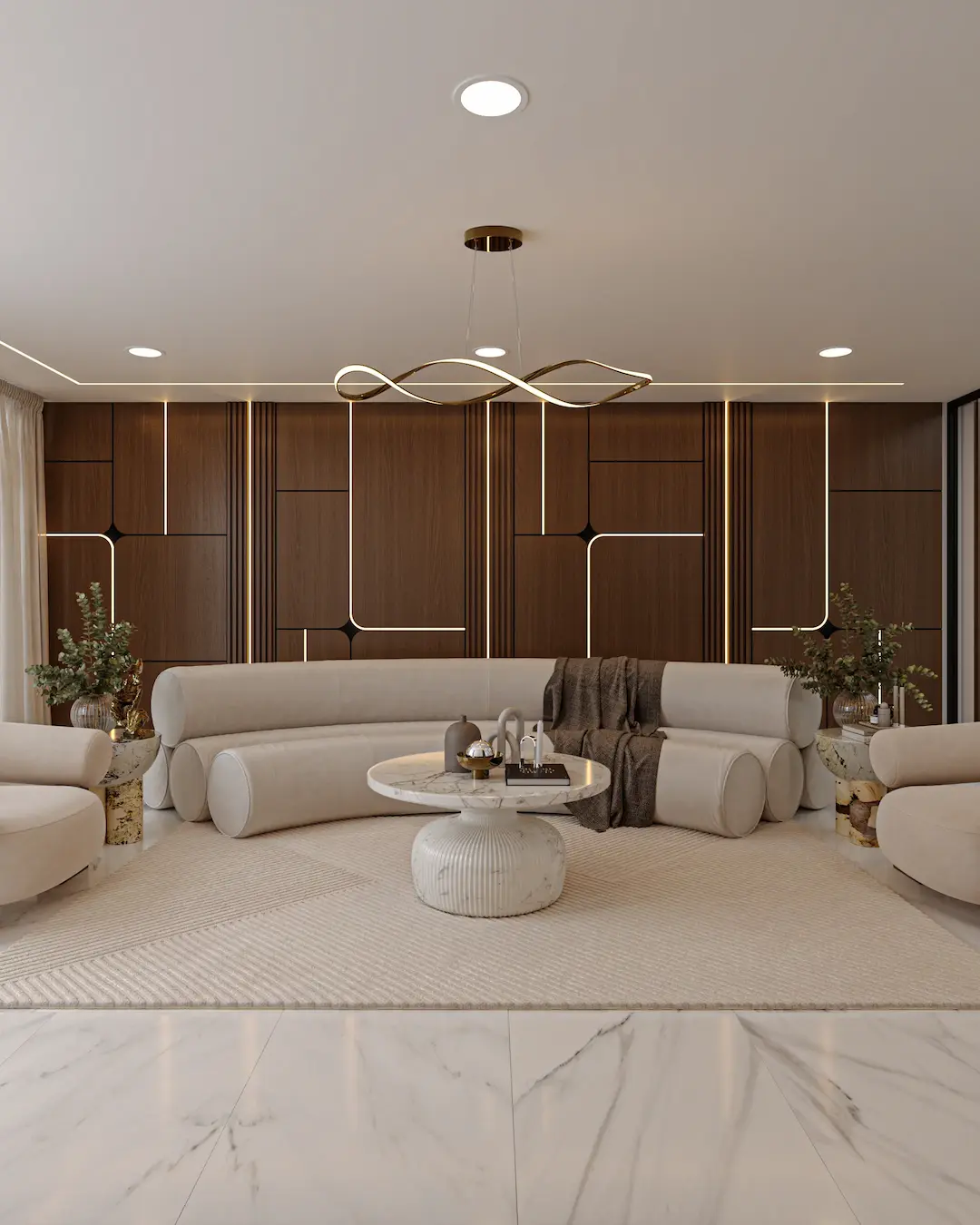 Sala elegante con paneles de madera y mármol blanco